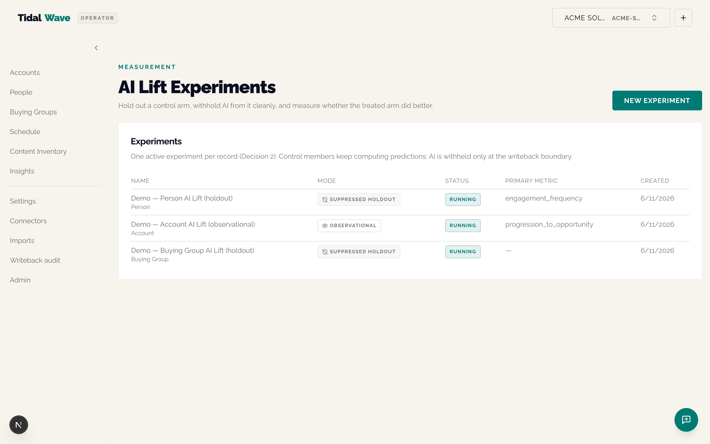 Experiments list