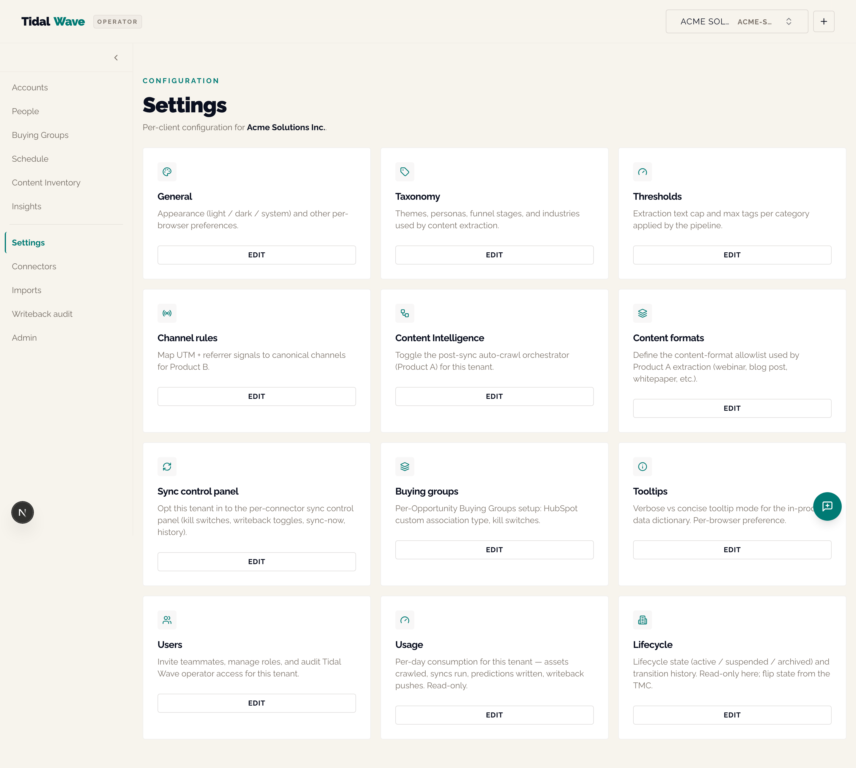 Settings index