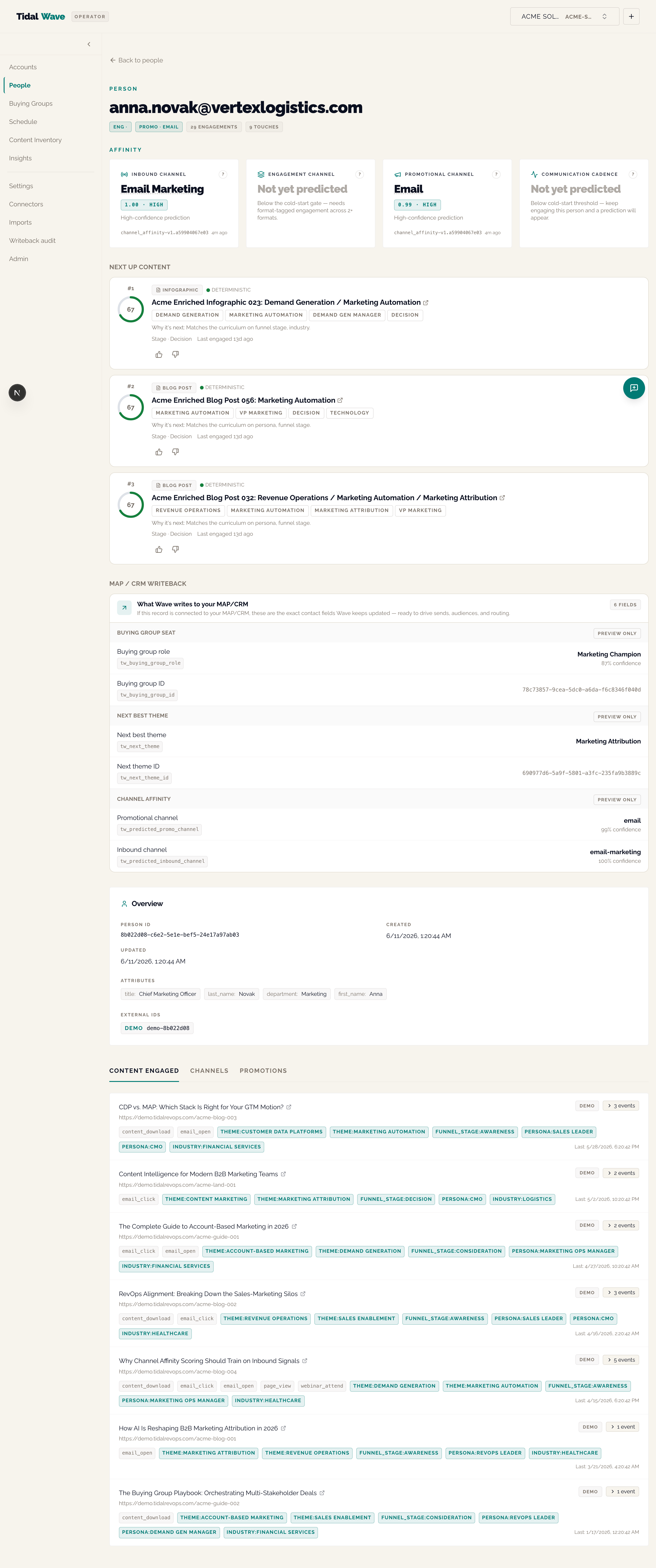 Person detail — AffinityPanel + Next Up Content + Writeback Preview